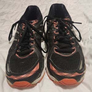 Men's ASICS Gel Evate running shoes. Size 8. Black, orange, silver. Used.